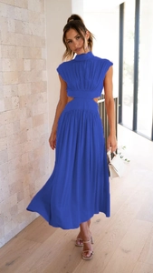 Royal blue high neck sleeveless midi dress with waist cut-outs and pleated skirt detail