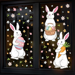 Easter window stickers featuring cartoon rabbits, colored eggs and flowers on glass