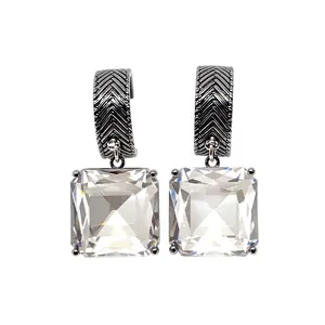 Elegant C-shaped square glass earrings with herringbone pattern grey metal hooks