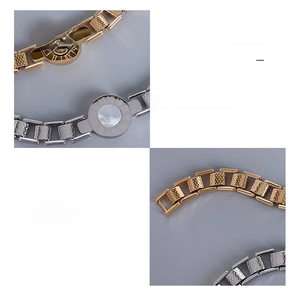 Detail of 18K gold plated titanium bracelet featuring Roman numerals and white seashell