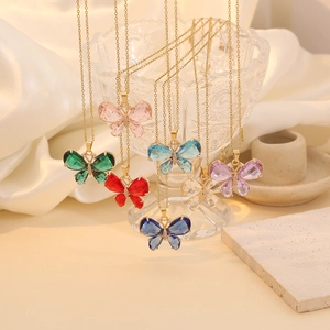 Butterfly Pendant Necklace Stainless Steel Colorful Crystal Glass Zircon Fashion Jewelry For Women Elegant Sweet Gift