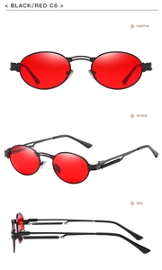 Steampunk sunglasses with black metal frames and red oval lenses featuring spring hinges