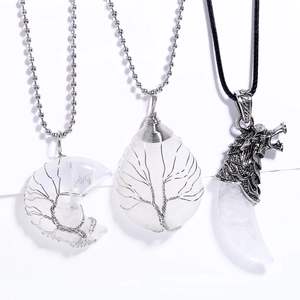 Tree Of Life White Crystal Wire Wrapped Pendant Necklace Bohemian Handmade Copper Jewelry Moon Water Drop Wolf Tooth