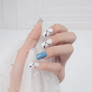Press On Nails Marble Texture Morandi Blue Glossy Square Shape Full Cover Artificial Finger Nails Manicure Accessories