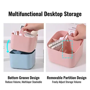 Stackable plastic storage box with handle and dividers for desk organization