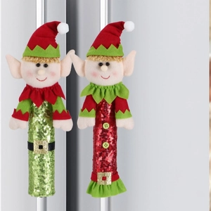 Christmas Elf Fridge Handle Covers Sequin Fabric Plush Red Green Festive Kitchen Appliance Decoration