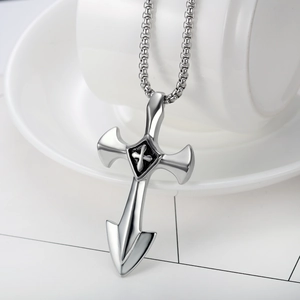 Polished stainless steel cross pendant necklace with black inlay on a bead chain