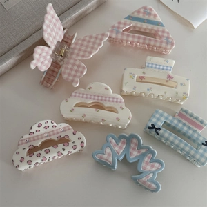 Pastel floral and plaid acrylic hair claw clips set with ribbon bow prints for women