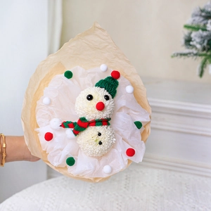 DIY Christmas snowman flower bouquet with white ping pong chrysanthemums and knit accessories