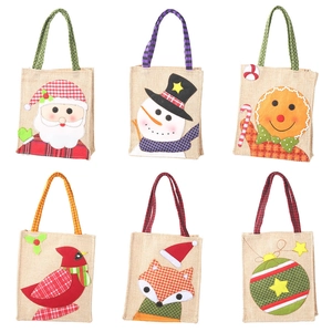 Christmas burlap gift bags set featuring 6 cartoon felt patterns with plaid handles