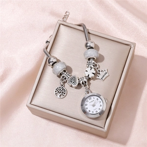 Women Beaded Bracelet Watch Alloy Snake Chain Crown Heart Tree Of Life Pendant Quartz Wristwatch