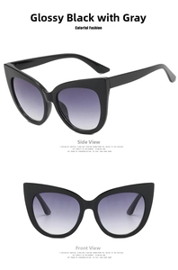 Detailed views of cat eye glasses frames in glossy black with gradient grey lenses