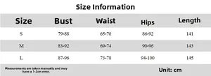 Size chart for V-neck lace maxi dress showing bust, waist, hips, and length in cm