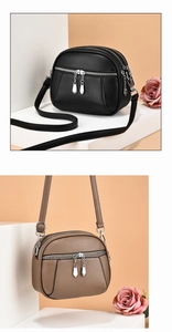 Detailed view of PU leather crossbody bags in black and khaki with multi-layer zippers