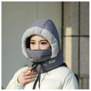 Detailed view of gray windproof winter hooded mask scarf combo with soft fleece lining