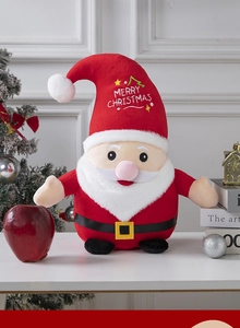 Close-up of plush Santa Claus doll with Merry Christmas embroidery on red hat