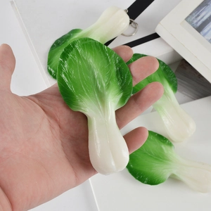 Realistic PVC green bok choy leaf keychain model with white root and metal ring
