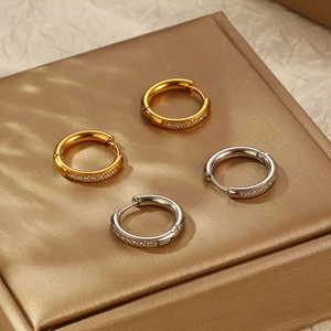 Huggie Hoop Earrings Stainless Steel Zircon Inlaid Round Geometric Minimalist Fashion Jewelry For Women
