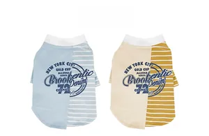 Detail view of breathable pet vests in light blue and mustard yellow stripes for small dogs