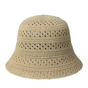 Summer hollow knit bucket hat for women in khaki with breathable floral crochet pattern