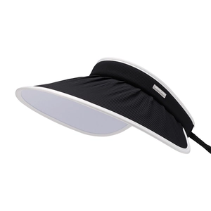 Women's foldable oversized brim black UV sun hat with white trim and hollow top design