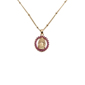 Golden Virgin Mary medallion pendant necklace with rose red crystals and bead chain