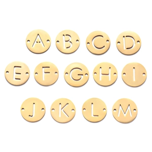 Golden titanium steel alphabet charms set from A to M with double holes for jewelry making