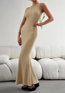 Slim fit sleeveless knit dress in khaki with ribbed texture and elegant fishtail hem
