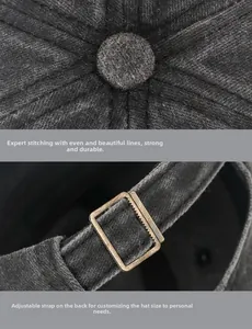 Macro detail of charcoal cotton baseball cap showing durable stitching and metal buckle