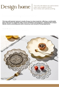 Close-up of luxury glacier texture wave-edged dessert trays with elegant gold rim detail