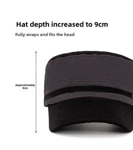 Detail view of military flat cap showing 9cm crown depth and durable cotton canvas