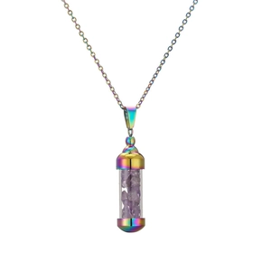 Collar frasco de perfume en acero arcoíris con grava de cristal púrpura dentro