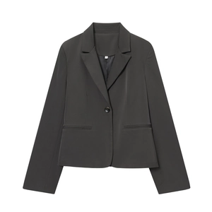 Blazer court gris pour femme avec bouton unique et revers classique élégant