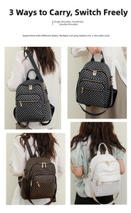 Detail view of stylish checkered backpack showing versatile backpack, shoulder and handbag styles