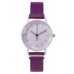 Purple women's quartz watch with Milanese magnetic mesh band and Arabic numerals