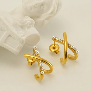 Gold X-cross titanium steel earrings featuring white pearls and sparkling cubic zirconia