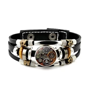 Multi-layered black leather Viking bracelet with Norse Vegvisir and gear charms