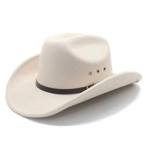 Close-up of cream wool cowboy hat featuring a brown leather band and metal ventilation eyelets