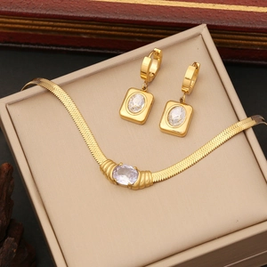 Stainless Steel Gold Plated Jewelry Oval Clear Cubic Zirconia Snake Chain Necklace Bracelet Earrings Geometric Elegant