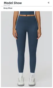 Vue de face du mannequin portant un legging de yoga bleu gris à taille haute sport