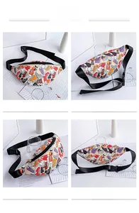 Angle display of multi-color sneaker print waist bag with adjustable black strap