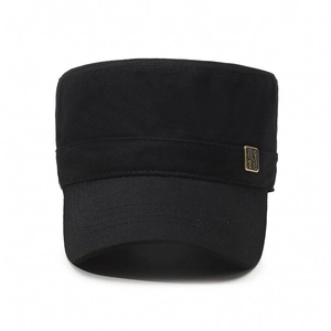 Classic black cotton flat top military cap for men with vintage bronze metal buckle