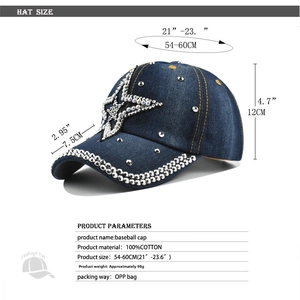 Size guide for denim baseball cap with 54-60cm circumference and cotton material specs