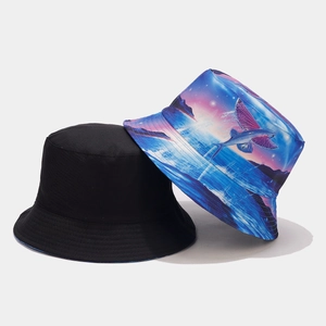 Reversible bucket hat with dolphin graffiti print and classic solid black design