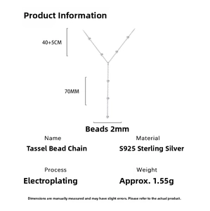 Detail specifications of S925 sterling silver Y-shaped tassel necklace showing dimensions