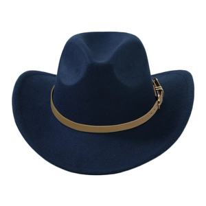Classic dark blue wool felt fedora hat with brown leather band and gold metal buckle