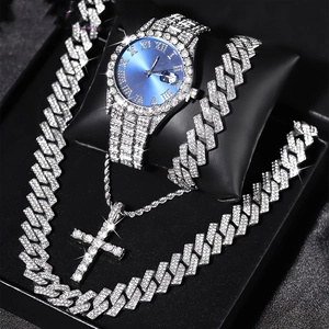 Luxury silver watch with blue dial and matching crystal iced-out Cuban link jewelry set