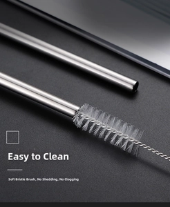 Macro shot of 304 stainless steel straw with its specialized soft nylon cleaning brush