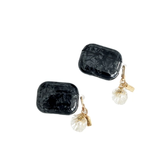 Black marble pattern AirPods Pro 2 case with gold keychain and shell flower pendant