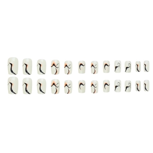 Abstract ripple press-on nails set with black and orange line patterns on cream base